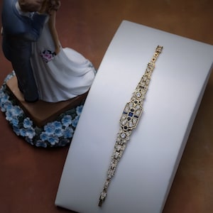 Superbe Armband Boucles d'Oreilles Art Déco Doré Antique Géométrique Rechteck Strass Bleu Marine Mariage Vintage Style 1920er Jahre Great Gatsby