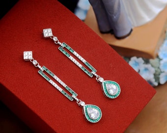 Boucles D'oreilles Clous Argenté Art Déco - CZ Rectangle, émail Vert, Neuves Sans Emballage