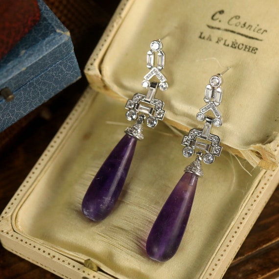 Boucles D'oreilles Clip Doré - Baguette Goutte Verre Violet Art Déco