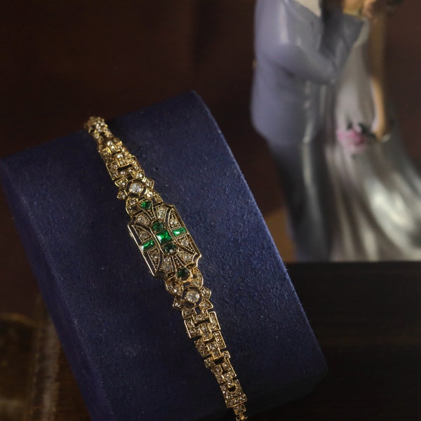 Superbe Bracelet Art Déco Doré Antique Géométrique Floral Strass Rectangle Strass Vert Emeraude Mariage vintage Style 1920s Great Gatsby