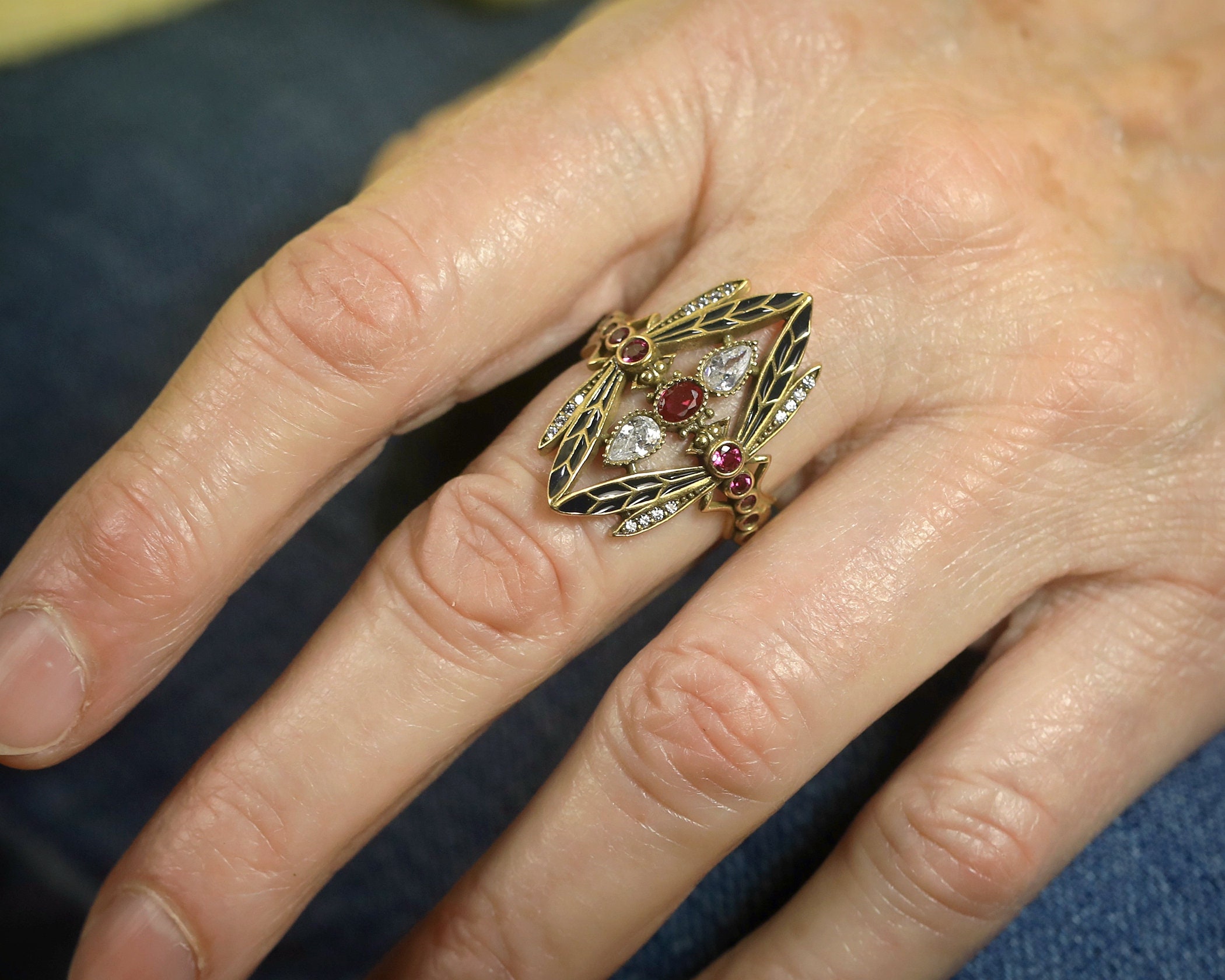 Bague Réglable Art Nouveau Libellule - Émail Violet, CZ Vert, Doré Antique, Neuve