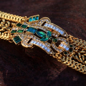 Superbe Bracelet Art Déco Large Argenté Doré Chain Géométrique Floral Vert Emeraude Vintage Style 1920s Great Gatsby image 3