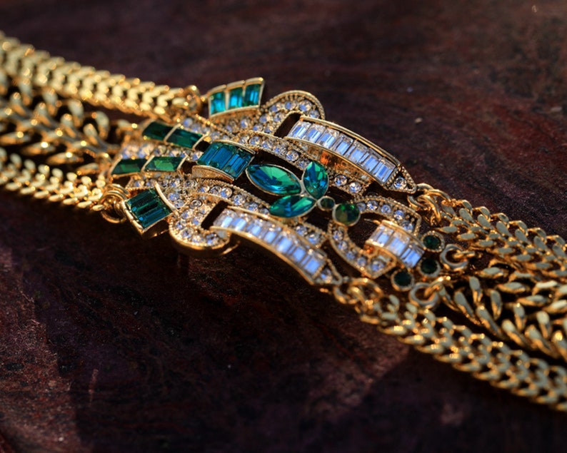 Superbe Bracelet Art Déco Large Argenté Doré Chain Géométrique Floral Vert Emeraude Vintage Style 1920s Great Gatsby image 3