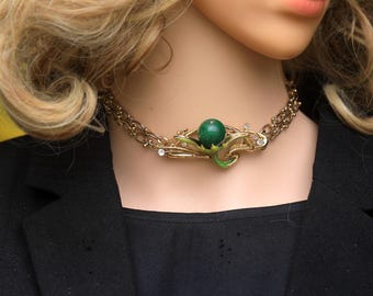Superbe Collier Court Ras du cou Bijoux de Cheveux Réglable Art Nouveau FleurEmail Vert Perle de Jade Vert Mariage Vintage Style Plaqué Or
