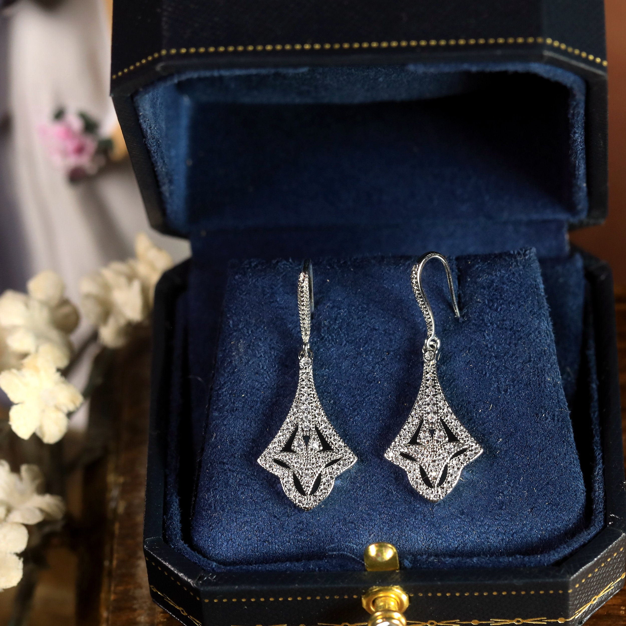 Boucles D’oreilles Art Déco - Argenté, Motif Floral Avec CZ, Style Années 1920, Neuf
