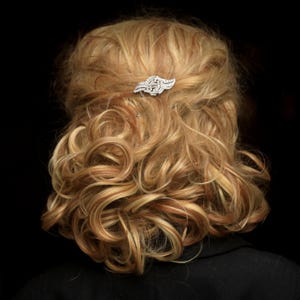 May include: A woman with long, curly, light brown hair with blonde highlights. Her hair is styled in a loose updo with a small, silver, rhinestone hair clip.