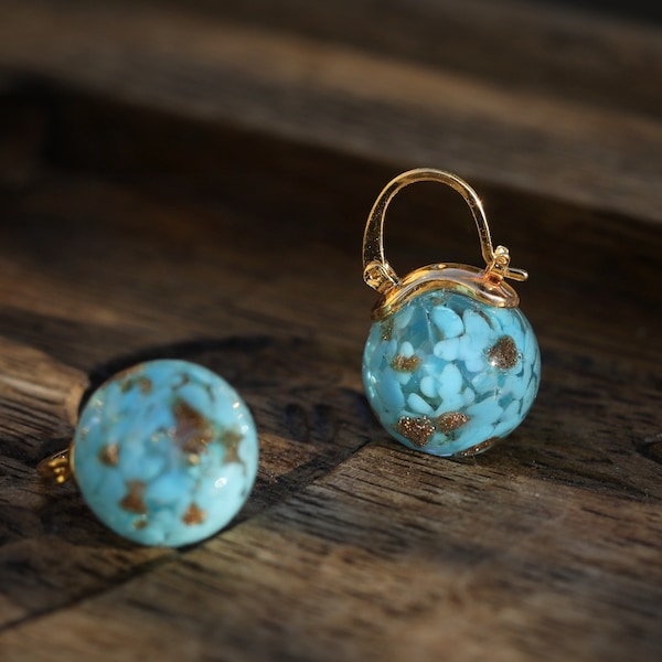 Boucles d'Oreilles Art Déco Dormeuse Lever-back Bateau Lune Perle en Verre Fleur Bleu Simple Elegant 16mm Mariage Vintage Style Plaqué