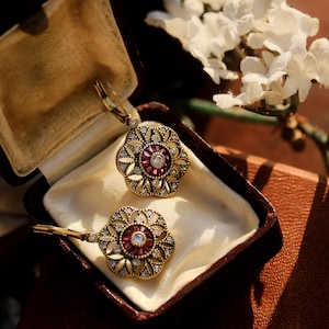 Belle Epoque Style Ruby CZ Earrings: Vintage Floral Gold Plated Dangle