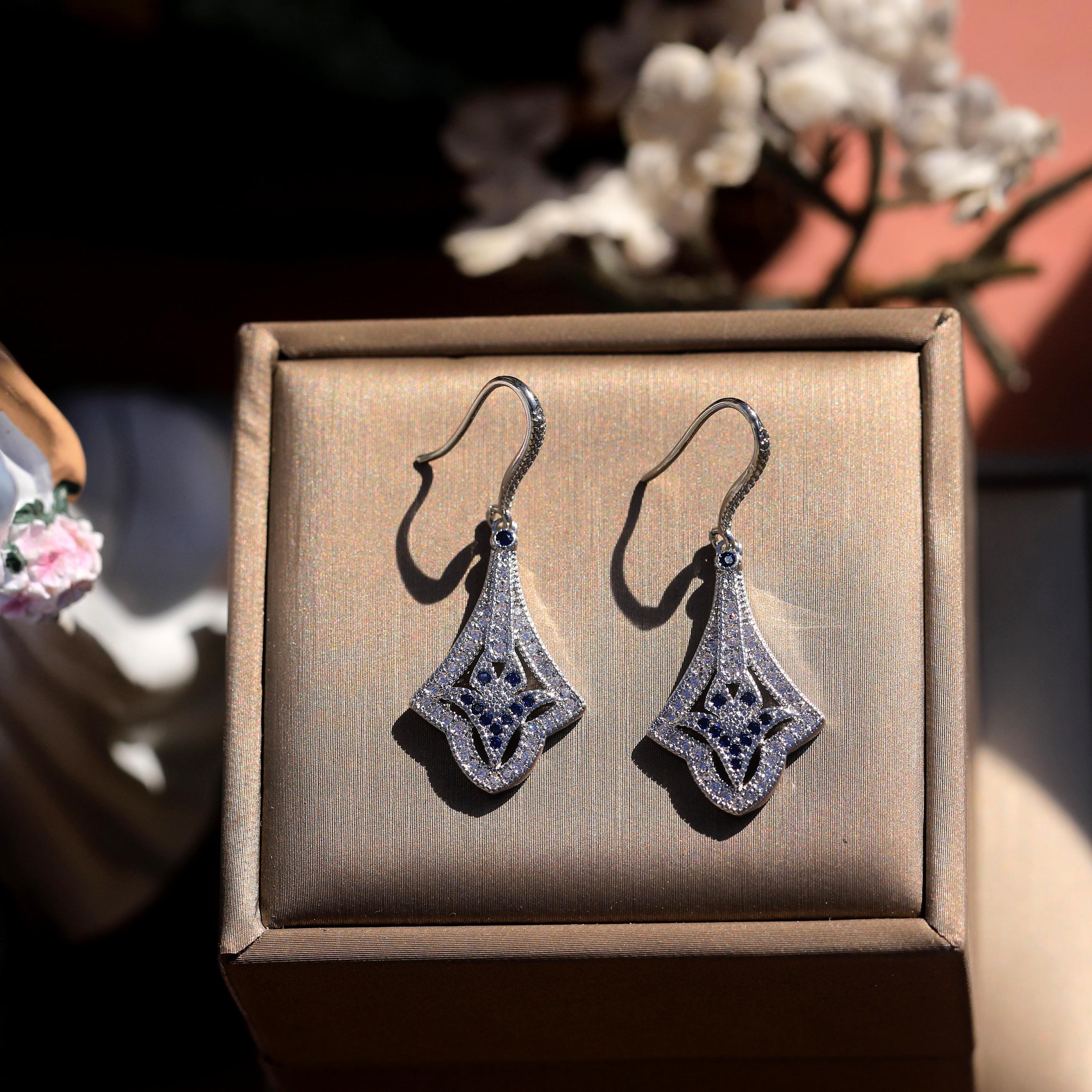 Boucles D'Oreilles Art Déco Argenté Floral Serti CZ - Style Années 1920 Mariage - Neuf SA1