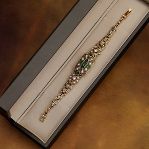 Magnífica pulsera Art Déco Doré Antique Géométrique Floral Strass Rectángulo Strass Vert Emeraude Mariage Estilo vintage Años 20 Gran Gatsby