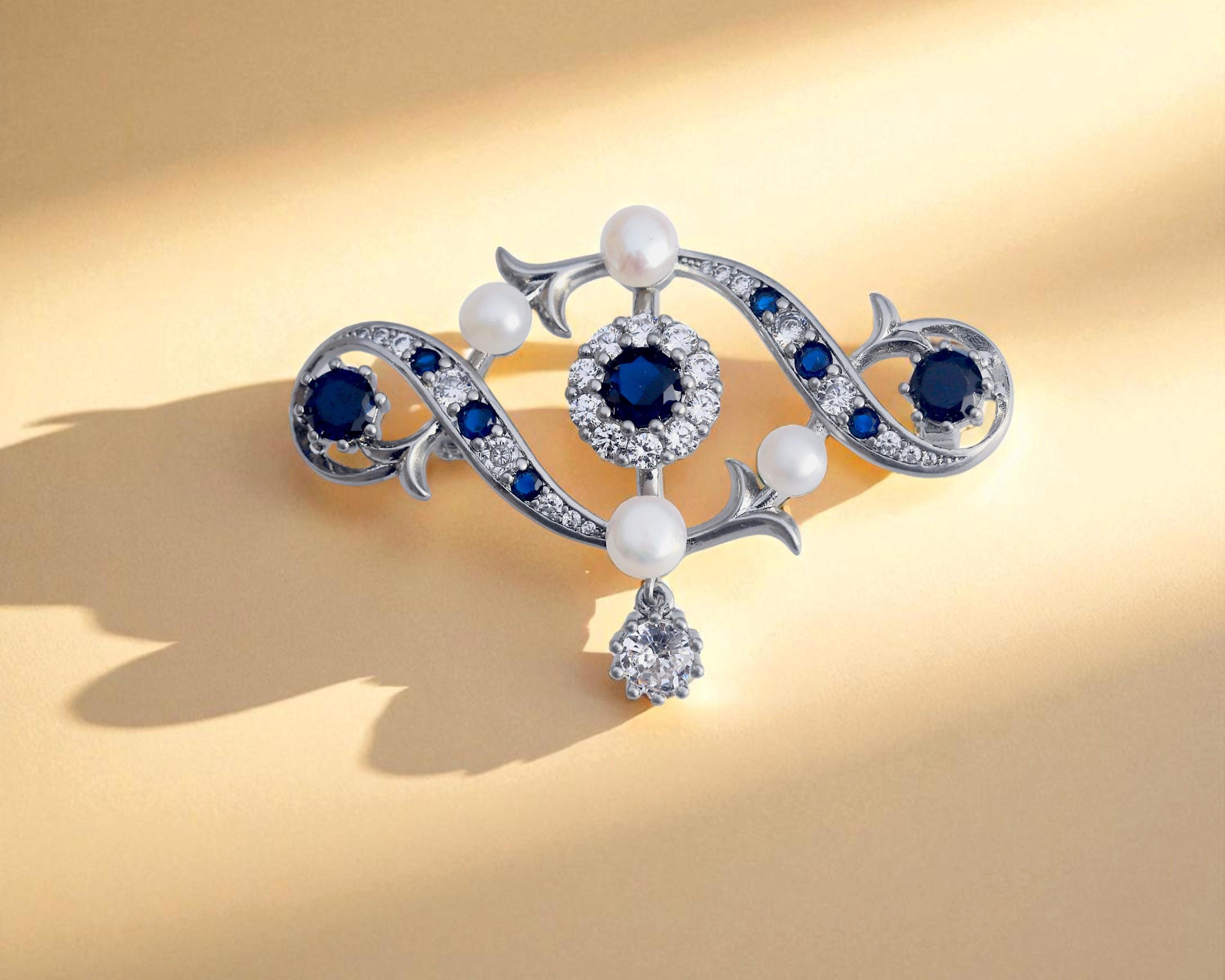Broche Argentée Avec Nœud, Perle Baroque Et CZ Vert - Style Vintage Belle Époque - Neuf