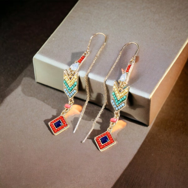 Boucles d'oreilles Doré Fil Géométrique Ethnique Tribal Mini Perle Arc-en-Ciel Bleu Rouge Blanc Años 20 Estilo vintage Boda barroca