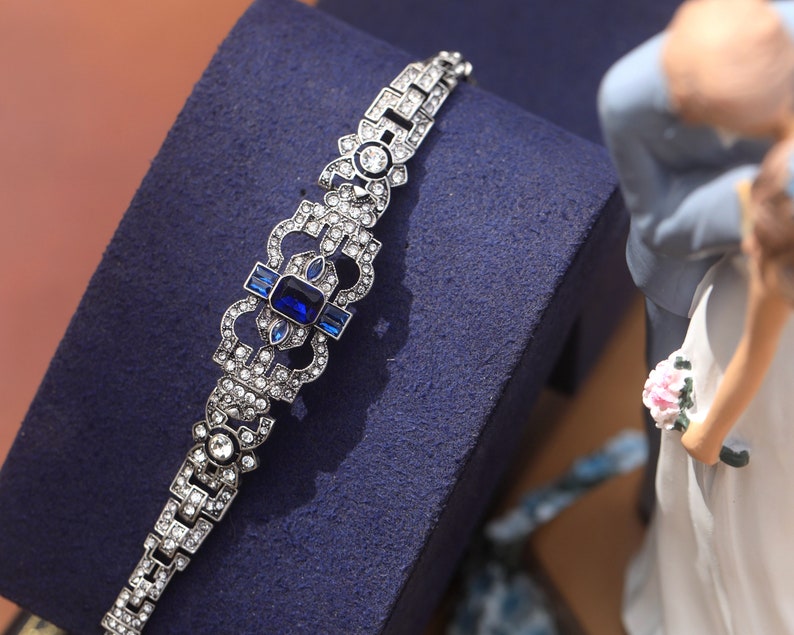 Bracelet Argenté Style Art Déco Années 1920 – Strass Floral Bleu – Vintage – Neuf Sans Emballage