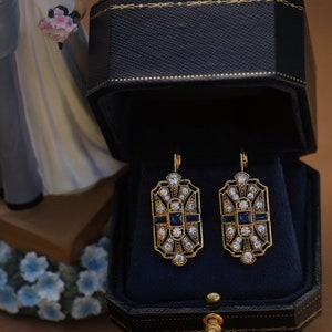Boucles d'Oreilles Dormeuses Art Déco Doré Antique Géométrique Strass Baguette Bleu Saphir Mariage Stile vintage anni '20 Grande Gatsby