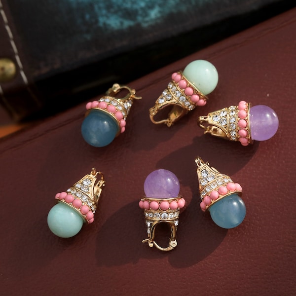 Boucles d'Oreilles Dormeuses Doré Antique Perle Aigue-Marine Bleu Améthyste Violet Amazonite Mini perle Rose Vintage Style 1920s Mariage