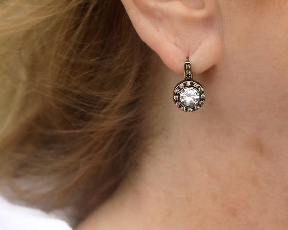 Boucles D'oreilles Dormeuses Argenté Serti CZ Perle - Style Rétro Vintage Années 1920, Modèle ET9, Neuves Sans Emballage