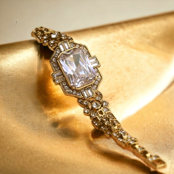 Superbe Bracelet Art Déco Chaîne Doré Antique Géométrique Floral Strass Rectangle CZ Blanc Brillant Mariage Vintage Style 1920s Great Gatsby