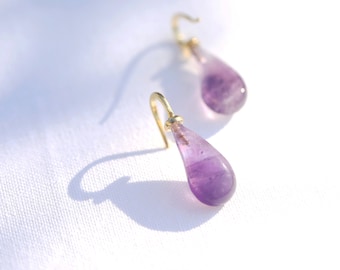 Boucles d'oreilles Pendante Doré Argenté Crochet Pétale de Fleur Améthyste Violet Véritable Vintage Style Plaqué