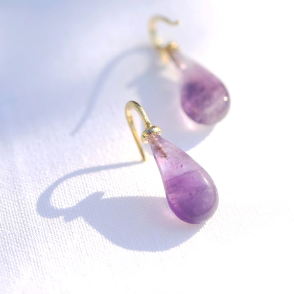 Boucles d'oreilles Pendante Doré Argenté Crochet Pétale de Fleur Améthyste Violet Véritable Vintage Style Plaqué