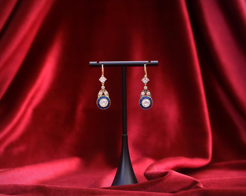 Boucles D'Oreilles Art Déco Dormeuses - Noir, Doré Mat, CZ - Neufes Sans Emballage
