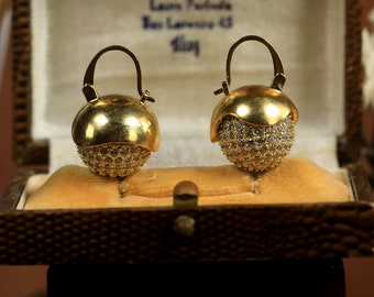 Boucles D'oreilles Dormeuses Dorées Style Art Déco - Serties De CZ Et Perles Fantaisie - Neuf Sans Emballage