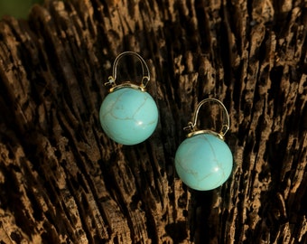 Boucles d’oreilles Art Déco Dormeuses Lever-back Grosse Perle Turquoise Bleu Pale Syn. Simple Elégant 18mm Mariage vintage Style Plaqué