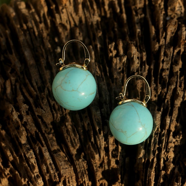 Boucles d'oreilles Art Déco Dormeuses Lever-back Grosse Perle Turquoise Bleu Pale Syn. Simple Elégant 18mm Mariage Vintage Style Plaqué