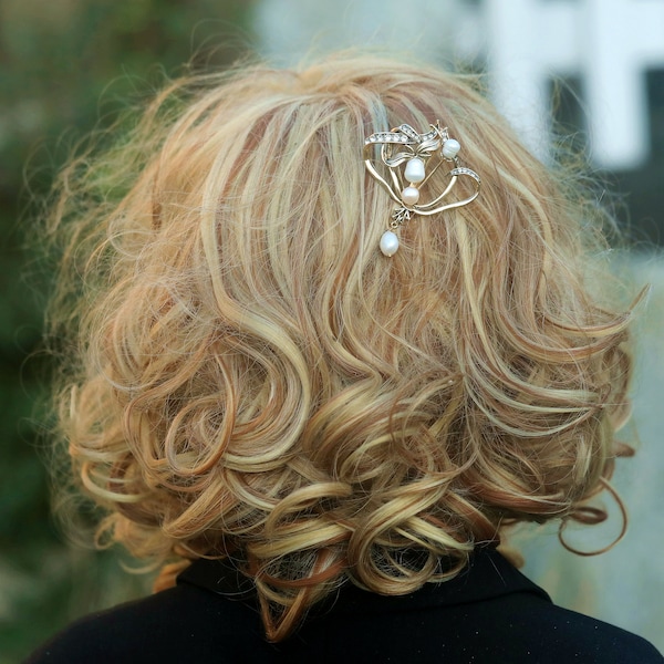 Superbe Unique Épingle à Cheveux Long Art Nouveau Une Branche de l'arbre Laurier Vraie Perle de Culture Blanche Mariage Vintage Style