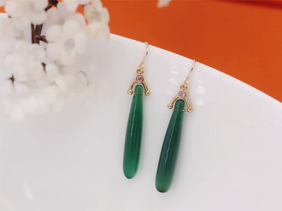 Boucles D'oreilles Dormeuses Dorées Serti CZ Blanc Et Agate Verte - Création Fantaisie Française