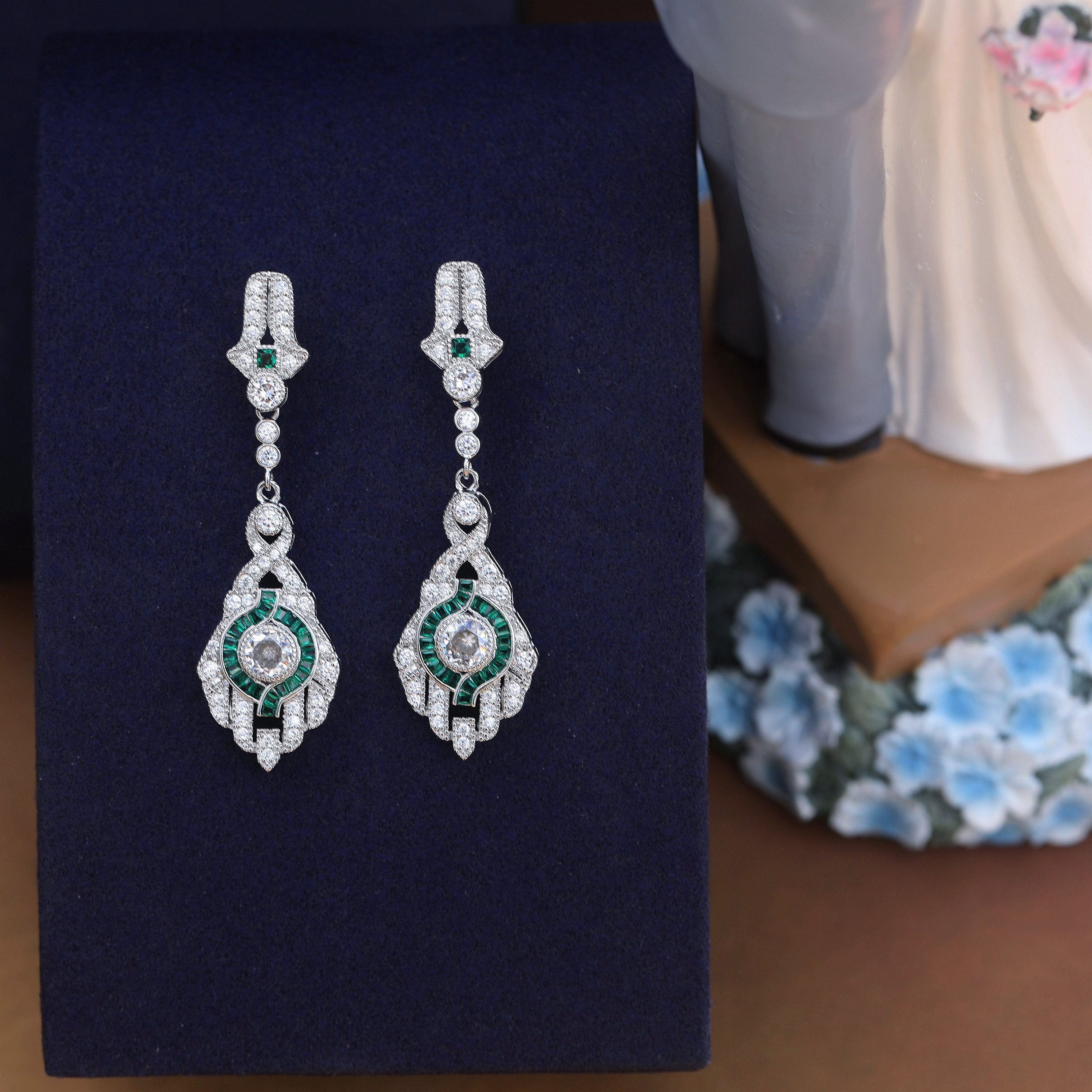 Boucles D'oreilles Clip Art Déco - Pendant éventail Avec CZ Vert - Sans Perçage - Fait Main