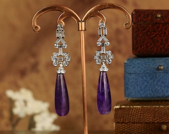 Boucles d'oreilles Art Déco Clous Clip on Non Percée Géométrique Serti CZ Blanc Goutte Améthyste Violet Vintage Style 1920s Mariage Rhodié