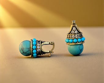 Boucles d'Oreilles Art Déco Dormeuse Doré Antik Türkis Lapis Lazuli Bleu Pierre de Lune Mini Perle Vintage Style 1920er Jahre