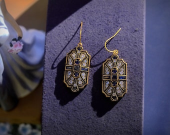 Boucles d'Oreilles Crochets Art Déco Doré Antique Géométrique Serti CZ Baguette Bleu Saphir Mariage Vintage Style 1920s Great Gatsby