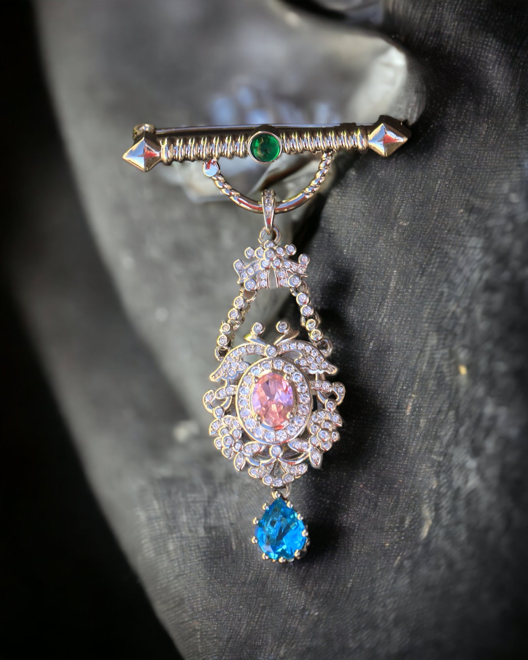 Superbe Broche Belle Epoque Polyvalente Argenté Chandelier Floral Serti