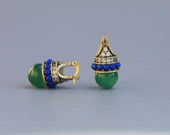Boucles d&#39;Oreilles Art Déco Dormeuses Lever-back Bateau Doré Perle Agate Vert Mini perle Bleu Tribal Vintage Style 1920s Mariage