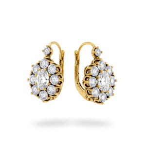 Superbe Boucles d'oreilles Belle Epoque Doré Antique Dormeuse Oval Floral Serti CZ Blanc Vert Bleu Rose Vintage Style 1900er Jahre Léger Mariage