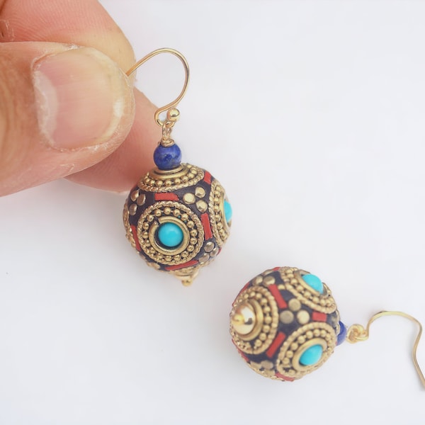 Boucles d'oreilles Crochet Clip on à Vis Non Percées Doré Perle Tribal Tibétain Bouddhique Rouge Turquoise Or Plaqué