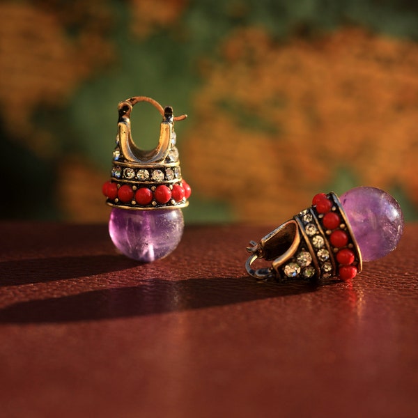 Boucles d'Oreilles Dormeuses Lever-back Doré Perle Amethyste Violet Mauve Mini perle Rouge Tribal Vintage Style 1920s Belle Epoque Mariage
