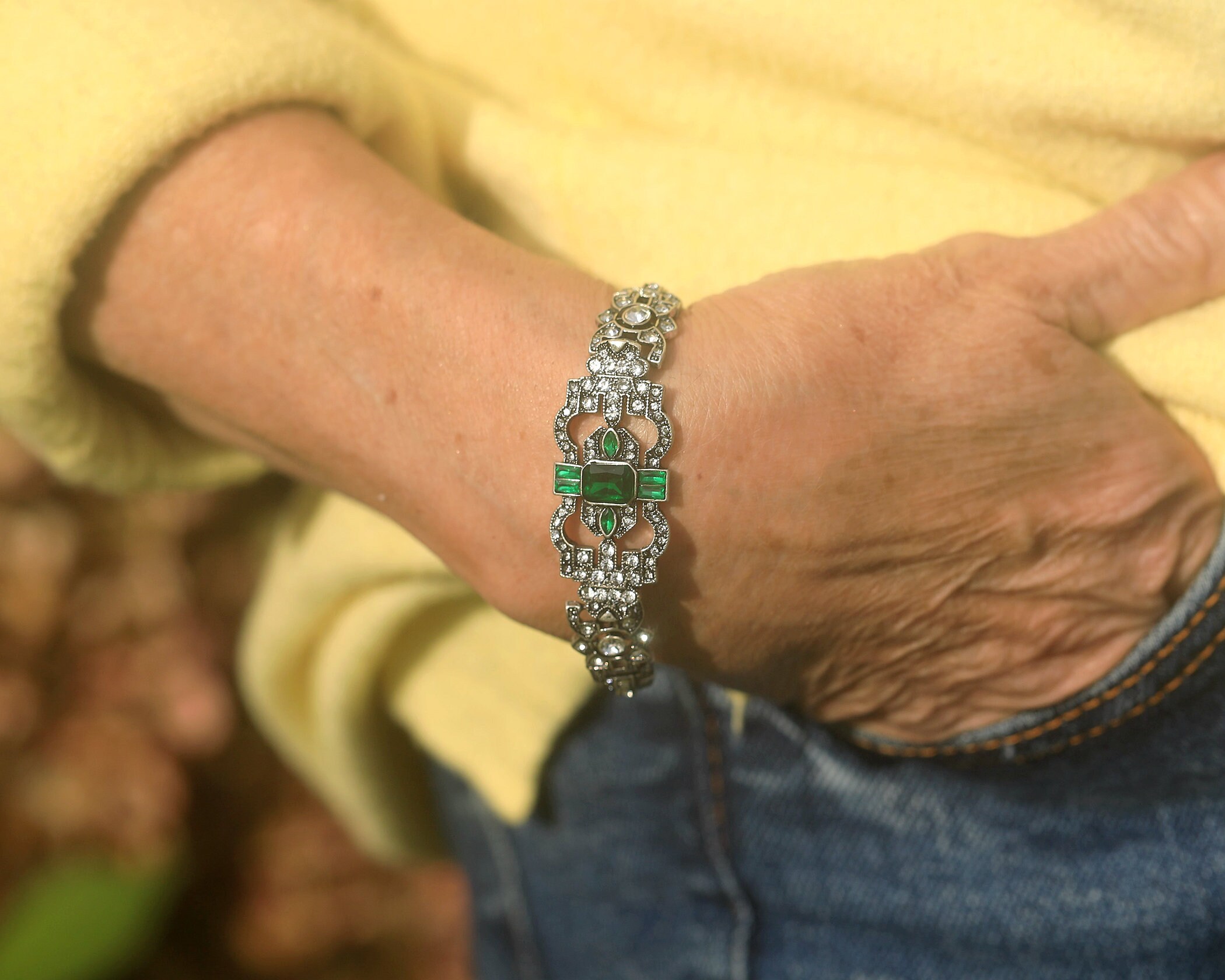 Bracelet Argenté Art Déco Floral Avec Strass Blanc Et Vert - Style Années 1920 - Neuf