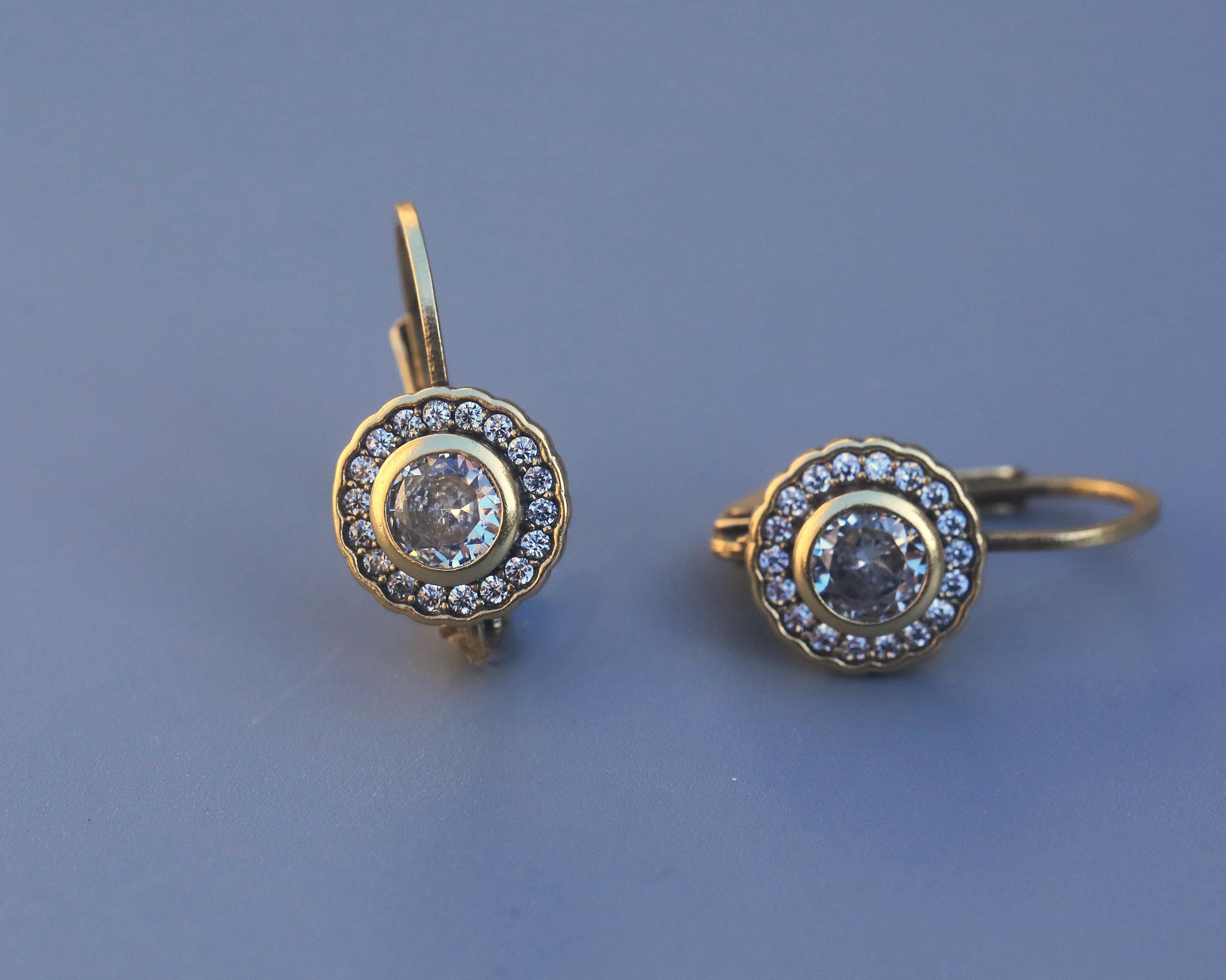 Prachtige Boucles d'oreilles Art Déco Dormeuses Doré Antique Rond Serti de CZ Blue Saphir Eenvoudige vintage stijl jaren 1920 Mariage Légeres - België