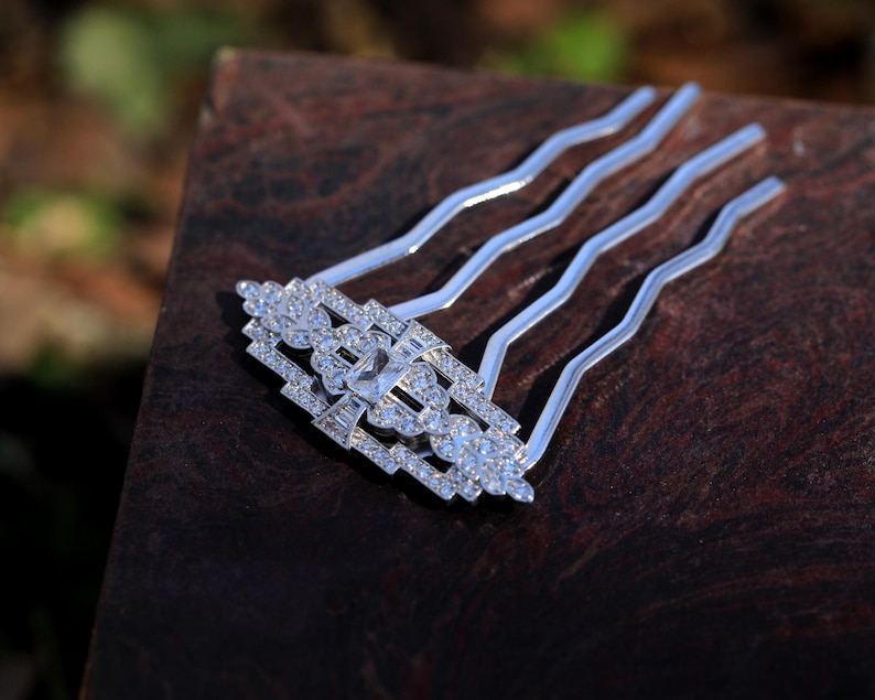 Peigne à Chignon Art Déco - Argenté Géométrique Avec Strass Blancs, Style Années 20