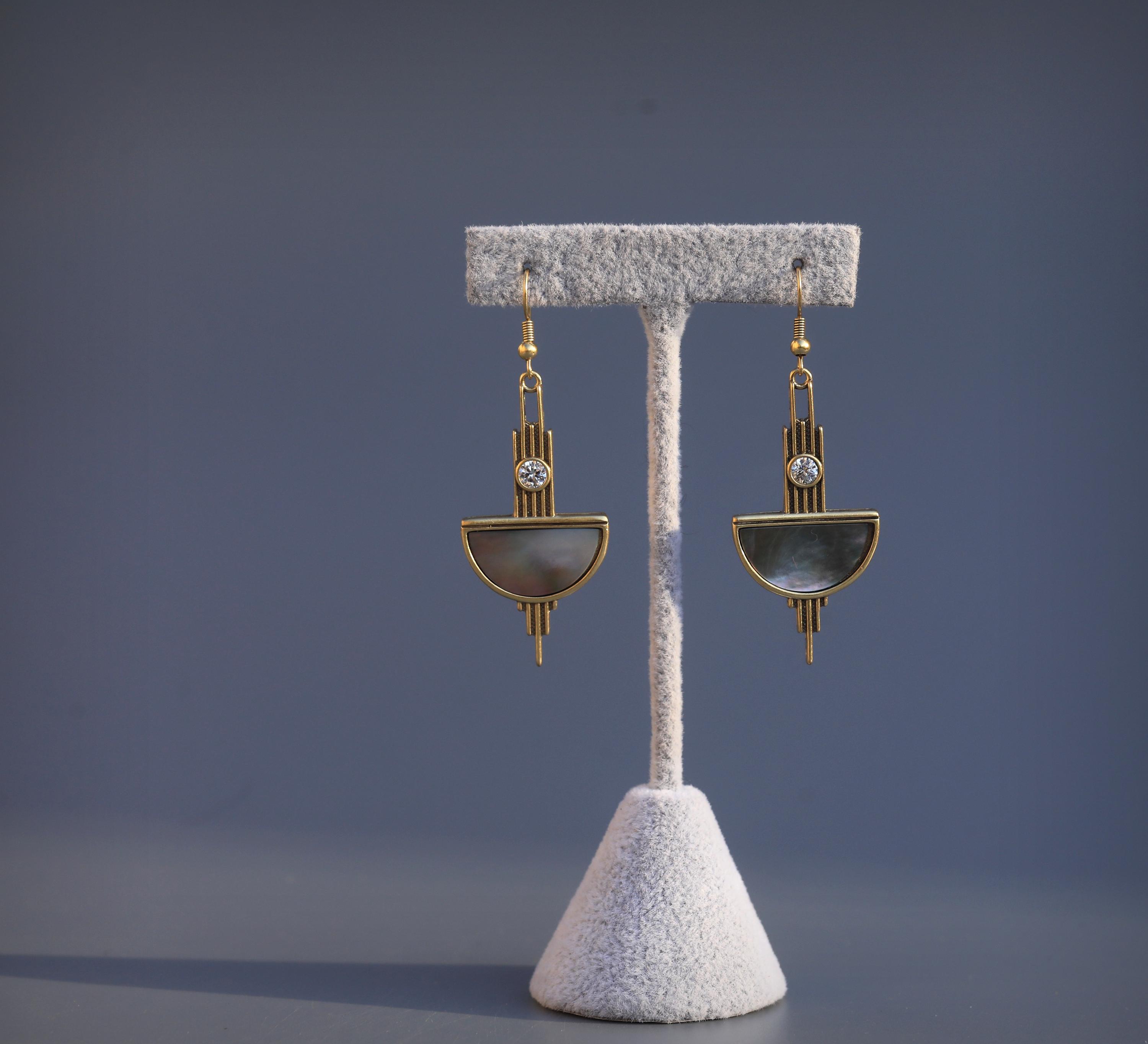 Boucles D'oreilles Pendantes Art Déco - Rectangle Argenté Antique Avec CZ Bleu - Laiton