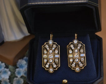 Boucles d'Oreilles Dormeuses Art Déco Doré Antique Géométrique Strass Baguette Blanc Mariage Estilo vintage Años 20 El Gran Gatsby