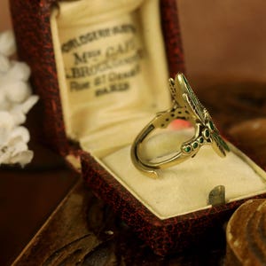 Pode incluir: Um anel de ouro com um design de lib&eacute;lula. As asas da lib&eacute;lula s&atilde;o decoradas com esmalte verde. O anel est&aacute; em uma caixa de veludo vermelho com a inscri&ccedil;&atilde;o "M. GATI, BROCKER, Rue et Ordeal, PARIS".