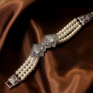 Bracelet Art Déco Chaîne Deux Rangs Pavé de Strass vintage Style Années 1920 Petites Fausses Perles Blanches Mariage image 1