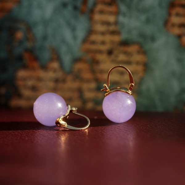 Boucles d'oreilles Art Déco Doré Argenté Dormeuse Perle Calcédoine Violet Mauve Naturel 12mm 14mm Great Gatsby Mariage Vintage Style Plaqué