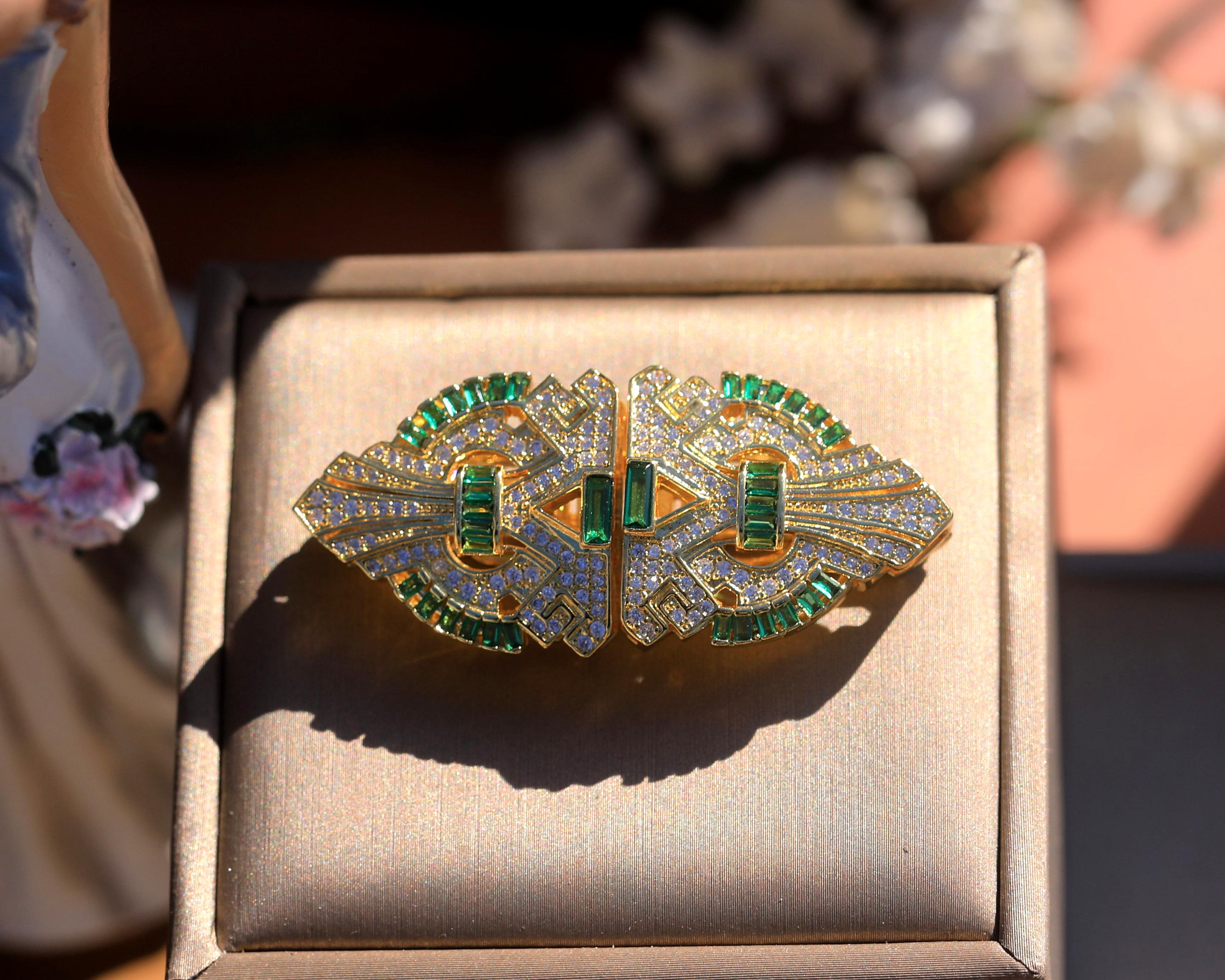 Broche Double Tête émeraude Zircon - Argent Sterling 925, Look Vintage, Neuf Avec étiquettes