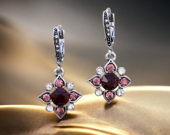 Boucles d'oreilles Argenté Antique Dormeuses Etoile Pavé Strass Violet Mauve Vintage Style Art Déco