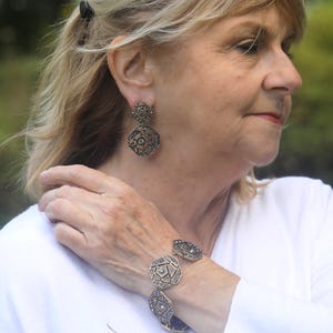 Parure Armband Boucles d'oreilles Clous Art Déco Doré Géométrique Octogone Strass Gris Vintage Style Great Gatsby 1920s Mariage