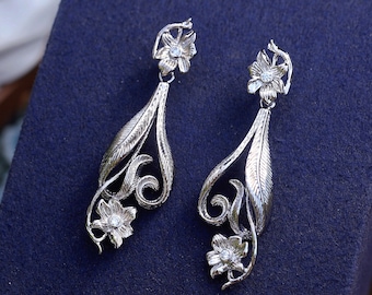 Boucles d'oreille Art Nouveau Clous Clip op Floral CZ Blanc Kroonluchter Feuille Vintage Stijl Mariage Légères Rhodié